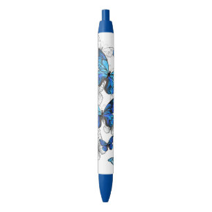 Stylo Noir Papillons volants bleus Morpho