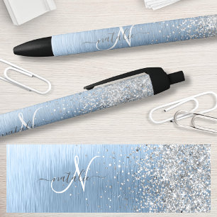 Stylo Noir Parties scintillant en argent brossé bleu Nom du m