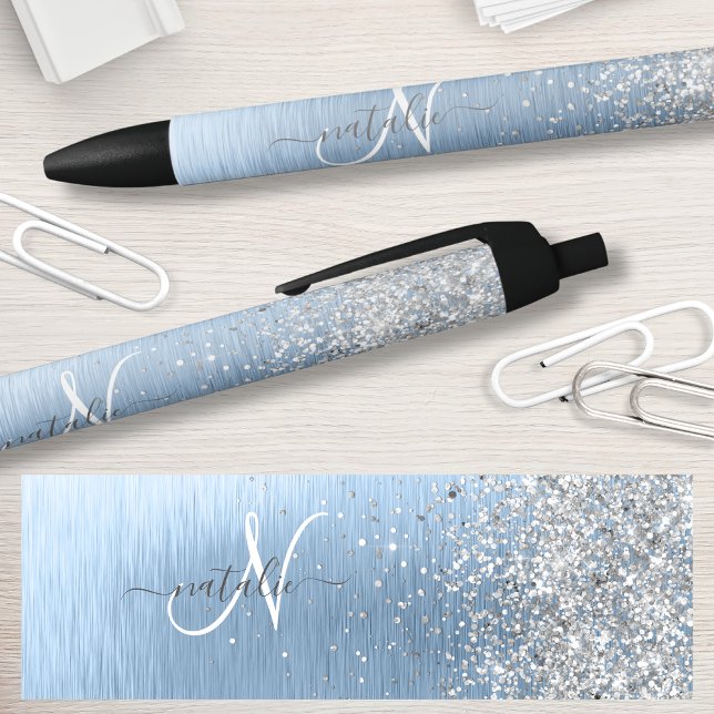 Stylo Noir Parties scintillant en argent brossé bleu Nom du m (Créateur téléchargé)