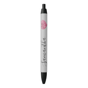 Stylo Noir Parties scintillant rose gris Coeur Nom personnali