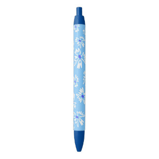 Stylo Noir Pastel Jolie Fleurs Bleues et Blanches