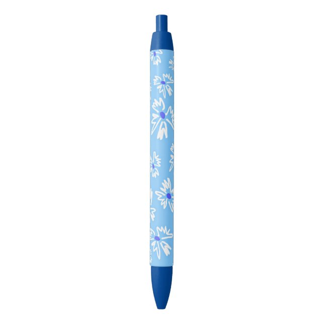 Stylo Noir Pastel Jolie Fleurs Bleues et Blanches (devant Vertical)