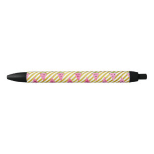 Stylo Noir Pastèque rose et motif jaune d'été de rayure
