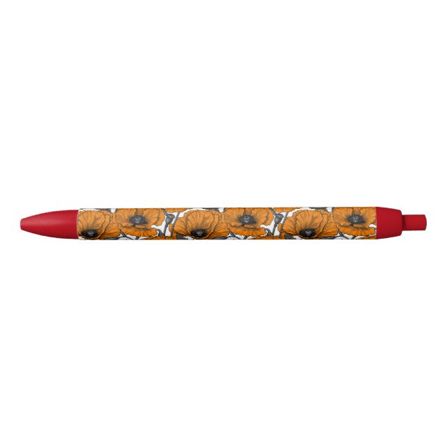 Stylo Noir Pavot orange sur blanc (Devant)