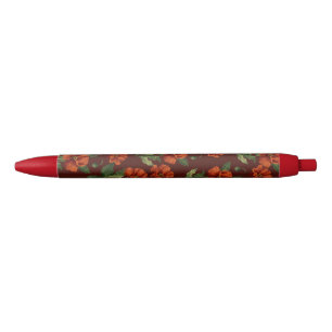 Stylo Noir Pavots Écarlates Botaniques Élégants