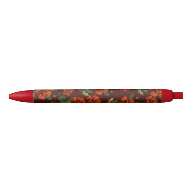 Stylo Noir Pavots Écarlates Botaniques Élégants (Devant)