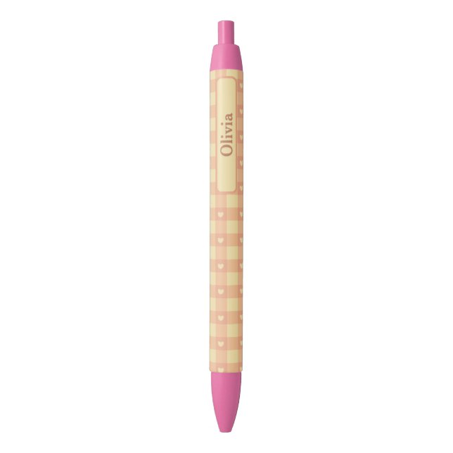 Stylo Noir Peach Gingham Heart Pattern, Cute Kawaii Checkered (devant Vertical)