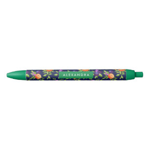 Stylo Noir Peaches Plums Purple Cute Fruit Motif botanique