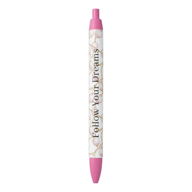 Stylo Noir Perles Roses Chaîne en Or   (devant Vertical)