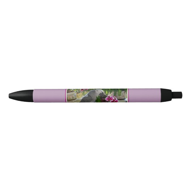 Stylo Noir Perroquet de gris africain avec des orchidées (Devant)
