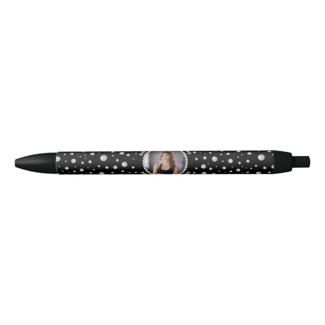 Stylo Noir Personalized Photo with Pearls Circle on Black (Devant)