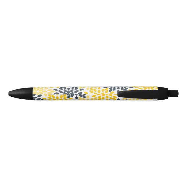 Stylo Noir Personnalisé Jaune, Gris Charbon Moderne Floral (Dos)