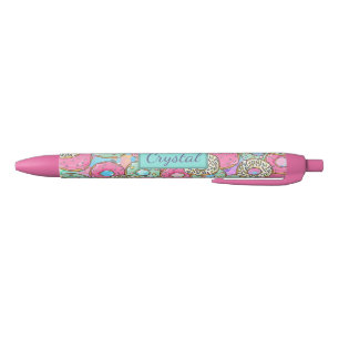 Stylo Noir Personnalisé Nom & Couleur Cute Pastel Donuts & Sp
