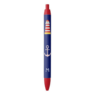 Stylo Noir Phare nautique et ancre sur fond bleu