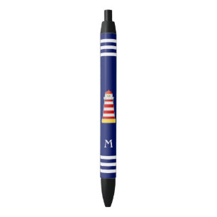 Stylo Noir Phare nautique et monogramme sur fond bleu