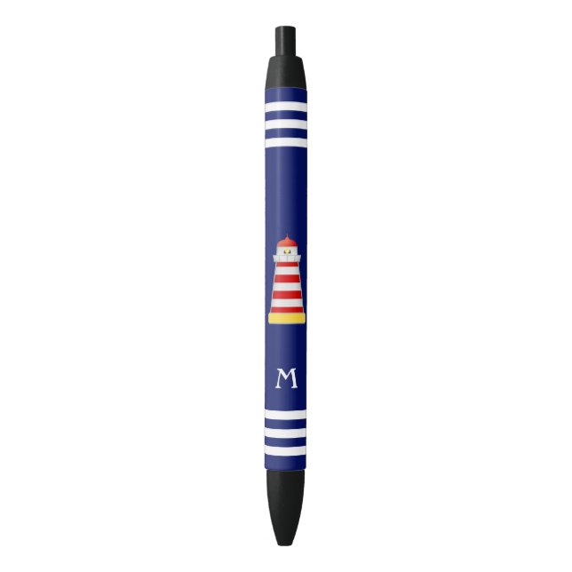 Stylo Noir Phare nautique et monogramme sur fond bleu (devant Vertical)