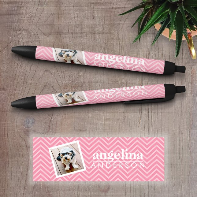 Stylo Noir Photo avec Modern Chevron Pattern and Custom Nom (Personalized writing pen - Add a Photo and Text)