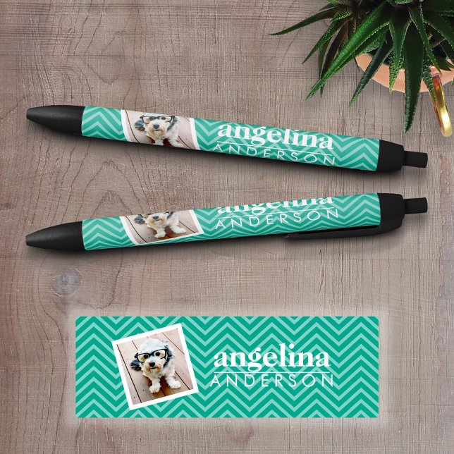 Stylo Noir Photo avec Modern Chevron Pattern and Custom Nom (Personalized writing pen - Add a Photo and Text)