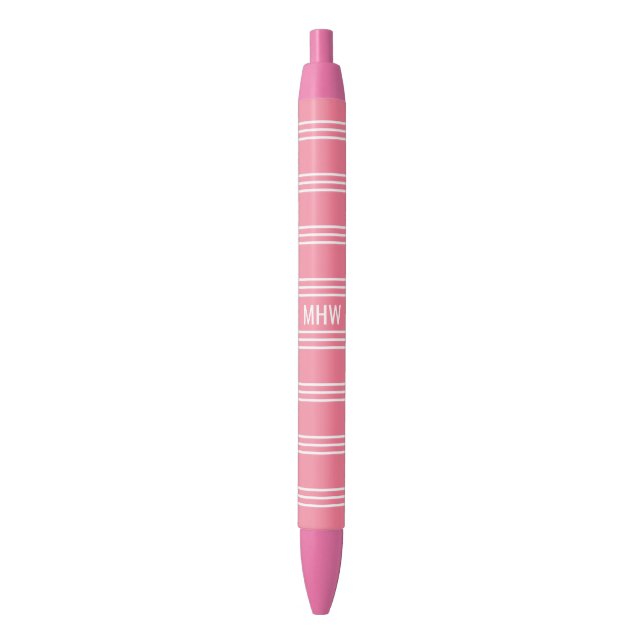 Stylo Noir Pink Stripes monogrammes personnalisés (devant Vertical)