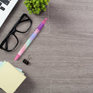 Stylo Noir Pink violet gouttes nom monogramme personnalisé