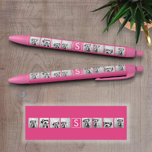 Stylo Noir Pink White 8 Photo Collage Personnalisé Monogramm