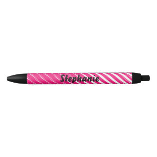 Stylo Noir Pink White Stripes Art Personnalisé Nom Cute Cadea