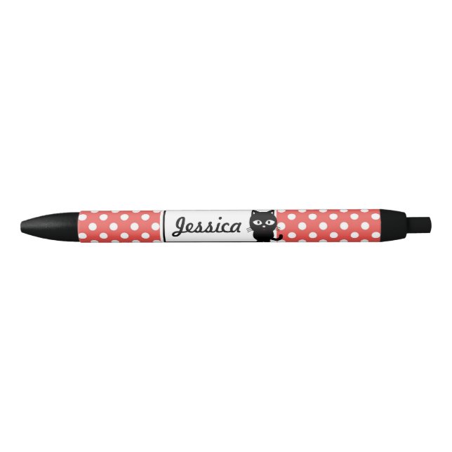 Stylo Noir Point de polka rouge et chat noir personnalisés (Devant)