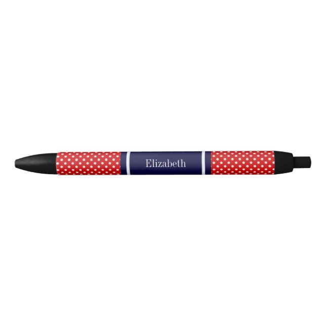 Stylo Noir Points rouges blancs Ruban bleu marine Monogramme (Devant)