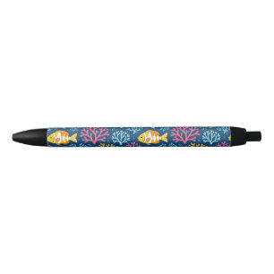Stylo Noir Poissons et coraux bleu nautique