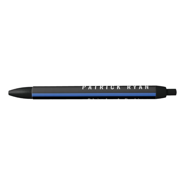 Stylo Noir Police Ligne Bleue Mince Nom Monogramme (Devant)