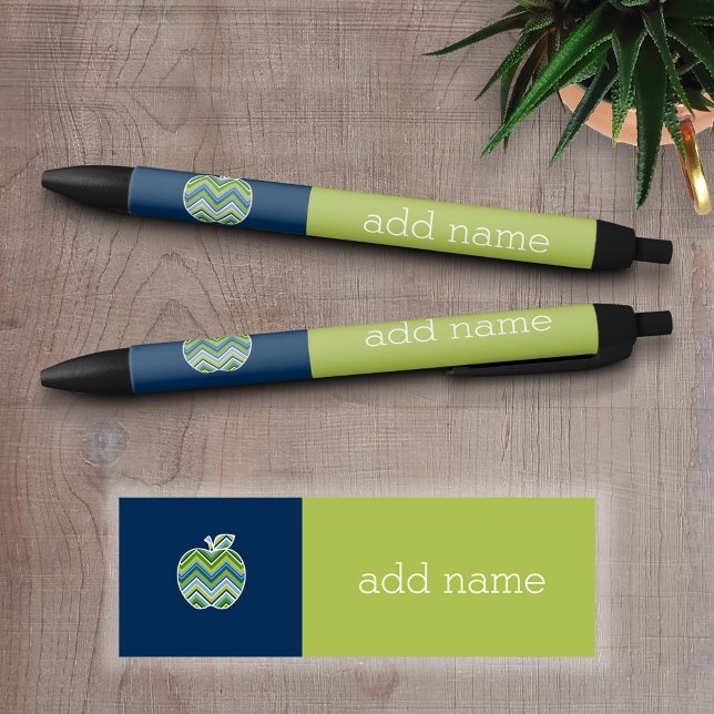 Stylo Noir Pomme enseignant personnalisée avec Motif Chevron  (Personalized writing pen - Great Teacher Gift)