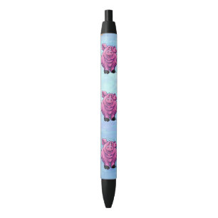 Stylo Noir Porc rose mignon sur l'écriture bleue
