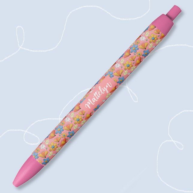 Stylo Noir Pretty Floral Pattern Pen with Name (Closeup view
)