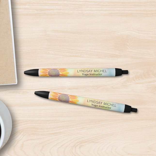Stylo Noir Professeur de Yoga Fleur de Tournesol Personnalisé (Créateur téléchargé)