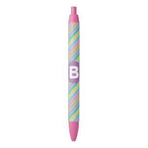 Stylo Noir Rayures diagonales colorées de bonbons Monogramme