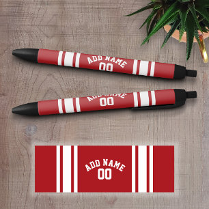 Stylo Noir Rayures rouges et blanches avec le nom et le