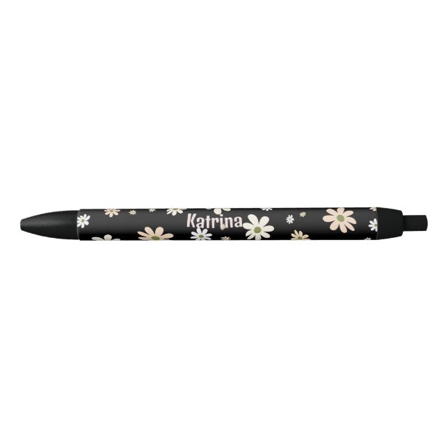 Stylo Noir Retro Daisy motif floral Personnalisé (Devant)