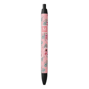 Stylo Noir Rose Chic Aquarelle Florale Monogramme Encre Noi