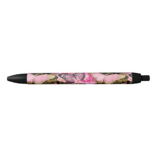Stylo Noir Rose et motif de papillon floral de feuille d'or