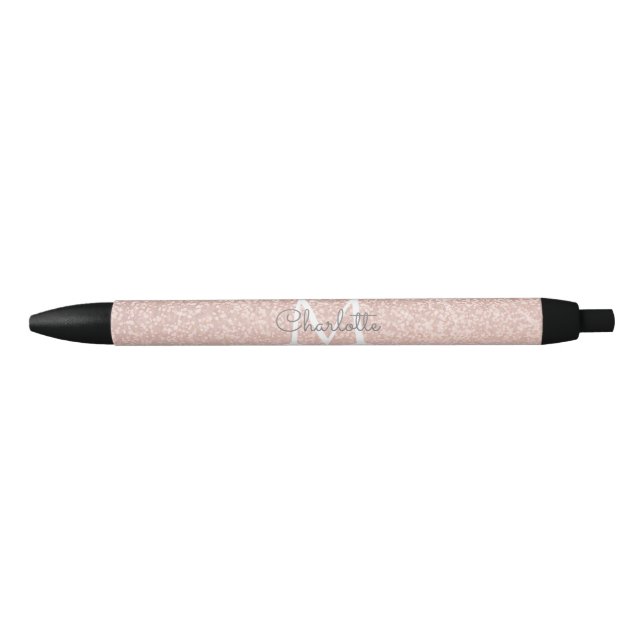 Stylo Noir Rose Gold Pailleté Blush Rose Monogramme Script (Devant)