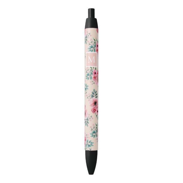 Stylo Noir Rose pâle | Chic Aquarelle Floral Monogramme (devant Vertical)