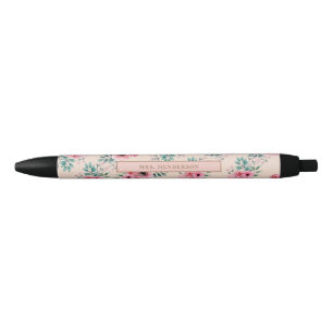 Stylo Noir Rose pâle Chic aquarelle Floral Personnalisé