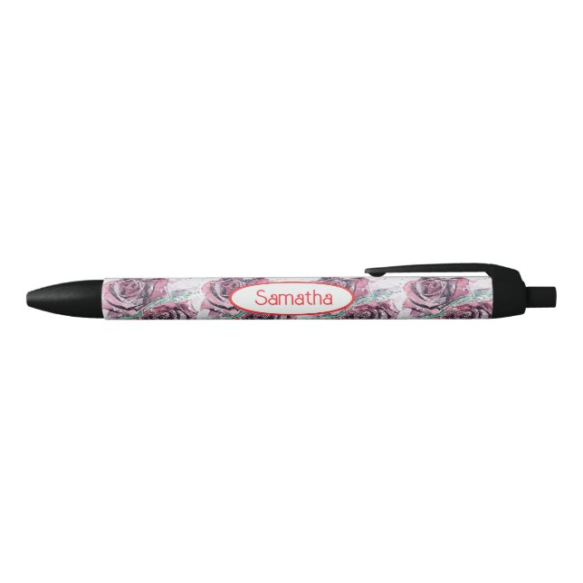 Stylo Noir Rose Rouge Nom de Filles Aquarelle (Haut)