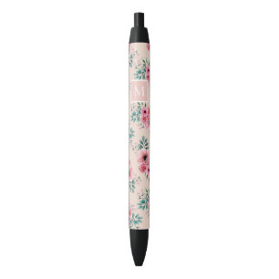 Stylo Noir Rose roux Monogramme floral d'aquarelle chic