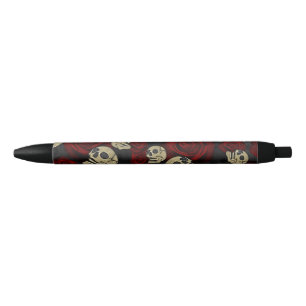 Stylo Noir Roses rouges et crânes gris noir floral gothique
