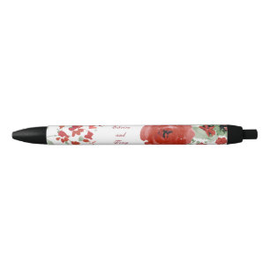 Stylo Noir Roses rouges rayonnants d'aquarelle