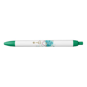 Stylo Noir Roses turquoise avec touches