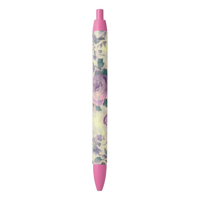 Stylo Noir Roses Violettes (devant Vertical)