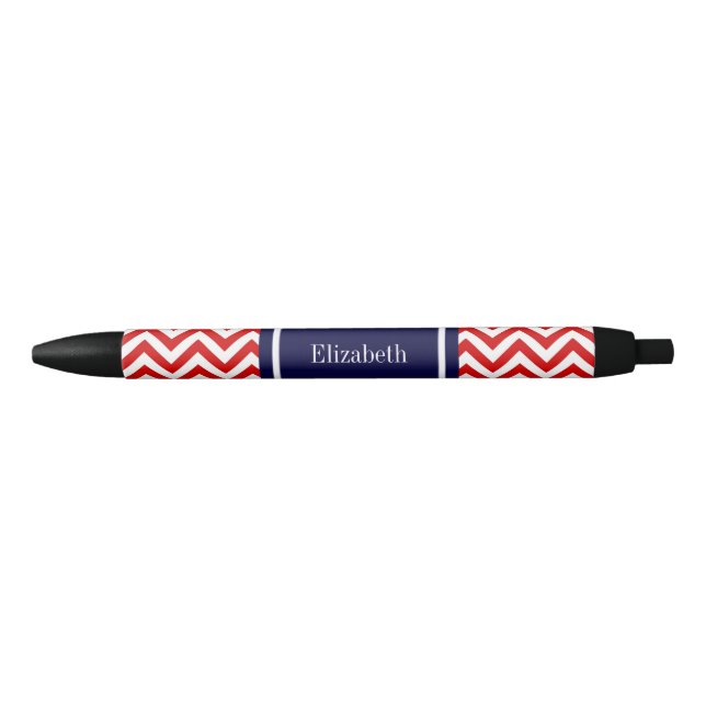 Stylo Noir Rouge Blanc LG Chevron Marine Nom bleu Monogramme (Devant)