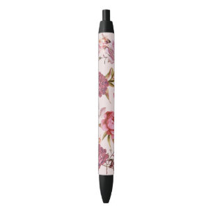 Stylo Noir Rougissent les roses floraux d'aquarelle rose et